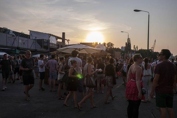 The sun setting over the market